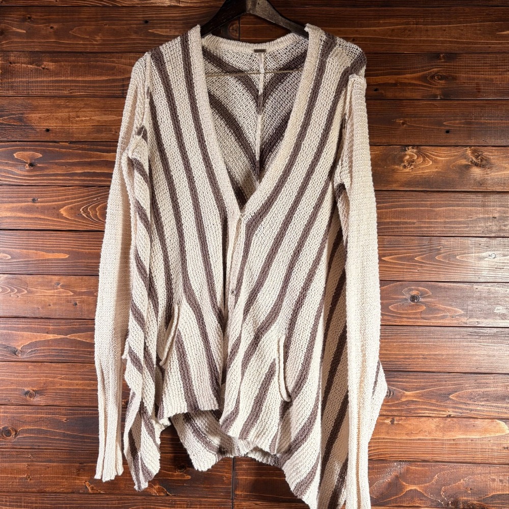 Free People Oversized Striped Cardigan Poncho Boho Lagenlook Cream Brown Sz s